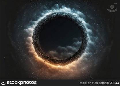 Abstract design of circle shape clouds with dying colorful particles exploding. Concept of mystery outer over dark background with glowing light geometric design. Finest generative AI.. Abstract design of circle shape clouds with dying colorful particles explosion.