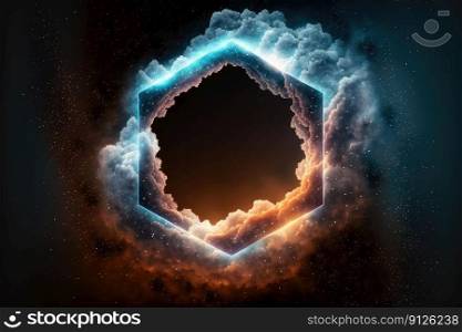 Abstract design of hexagon shape clouds with dying colorful particles exploding. Concept of mystery outer over dark background with glowing light geometric design. Finest generative AI.. Abstract design of hexagon shape clouds with dying colorful particles explosion.