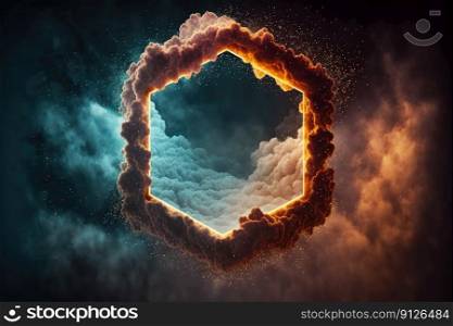 Abstract design of hexagon shape clouds with dying colorful particles exploding. Concept of mystery outer over dark background with glowing light geometric design. Finest generative AI.. Abstract design of hexagon shape clouds with dying colorful particles explosion.