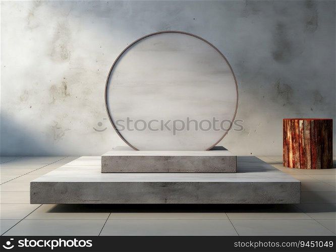 Abstract design of modern podium with empty concret. round concrete podium floor. Pedestal for display,Platform for design,Blank∏uct,concrete room. AI Ge≠rative