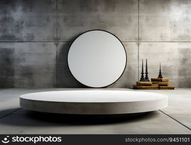 Abstract design of modern podium with empty concret. round concrete podium floor. Pedestal for display,Platform for design,Blank product,concrete room. AI Generative