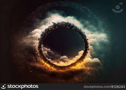 Abstract design ofˆ≤shape clouds with dying colorful partic≤s exploding. Concept of mystery outer over dark background with glowing light≥ometric design. Fi≠st≥≠rative AI.. Abstract design ofˆ≤shape clouds with dying colorful partic≤s explosion.