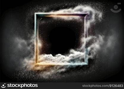 Abstract design of square shape clouds with dying colorful particles exploding. Concept of mystery outer over dark background with glowing light geometric design. Finest generative AI.. Abstract design of square shape clouds with dying colorful particles explosion.