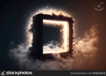 Abstract design of square shape clouds with dying colorful particles exploding. Concept of mystery outer over dark background with glowing light geometric design. Finest generative AI.. Abstract design of square shape clouds with dying colorful particles explosion.
