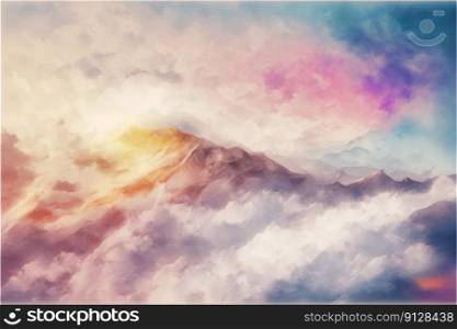 Abstract digital art in colorful mountain with cloudscape pa∫ed by watercolor. Concept of pastel color background inμ<icolored natural frame. Fi≠st≥≠rative AI.. Abstract digital art in colorful mountain with cloudscape pa∫ed by watercolor.