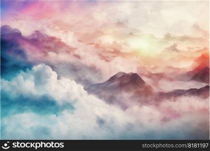 Abstract digital art in colorful mountain with cloudscape painted by watercolor. Concept of pastel color background in multicolored natural frame. Finest generative AI.. Abstract digital art in colorful mountain with cloudscape painted by watercolor.