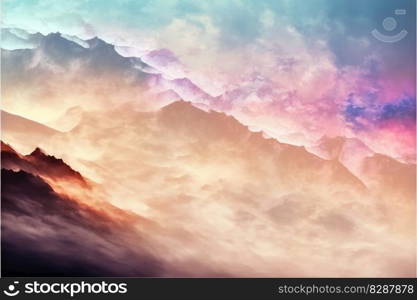 Abstract digital art in colorful mountain with cloudscape painted by watercolor. Concept of pastel color background in multicolored natural frame. Finest generative AI.. Abstract digital art in colorful mountain with cloudscape painted by watercolor.