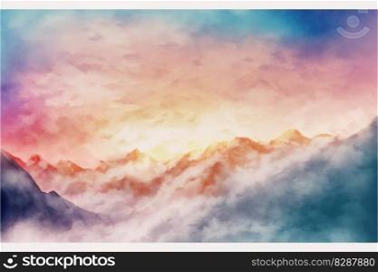 Abstract digital art in colorful mountain with cloudscape painted by watercolor. Concept of pastel color background in multicolored natural frame. Finest generative AI.. Abstract digital art in colorful mountain with cloudscape painted by watercolor.