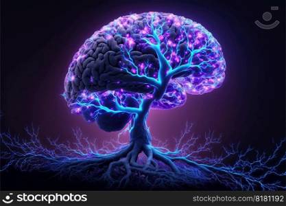 Abstract digital art of neon light brain with nerves isolated on black background. Concept of brain memory in virtual illustration. Finest generative AI.. Abstract art of neon light brain with nerves isolated on black background.
