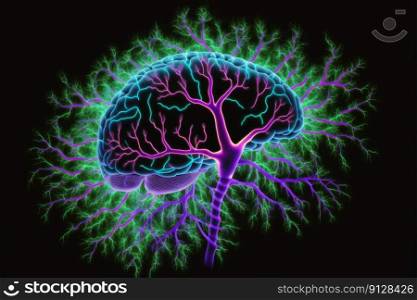 Abstract digital art of neon light brain with nerves isolated on black background. Concept of brain memory in virtual illustration. Finest generative AI.. Abstract art of neon light brain with nerves isolated on black background.