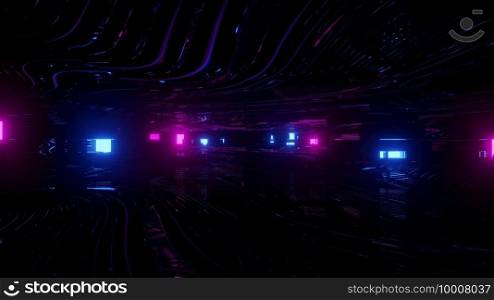 Abstract digital background with neon blue and purple lights in darkness in 3D illustration. 3D illustration of dark cyberspace with neon lights