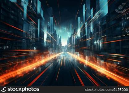 Abstract digital cityscape features a high-speed light trail of cars, neon lights, and skyscrapers. Generative AI
