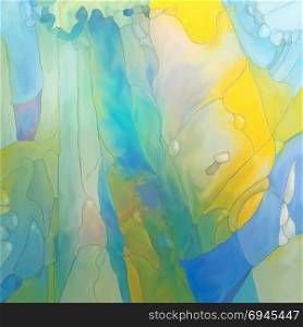 Abstract digital painted fantasy figure landscape or background texture with lines and fields in blue and yellow. Abstract digital painted fantasy figure landscape or background