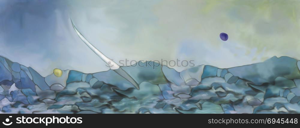 Abstract digital painted fantasy ocean landscape or background texture with sail. Abstract digital painted fantasy ocean landscape sail