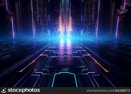 Abstract digital technology image features glowing neon lines on a dark background. It’s perfect for representing artificial intelligence, cyberpunk, or any other futuristic concept. Generative AI