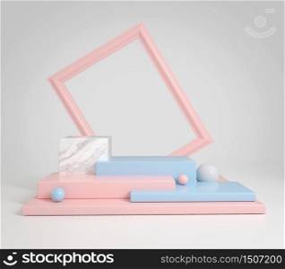 Abstract display clean pastel blue and pink with frame for text or products, 3d illustration