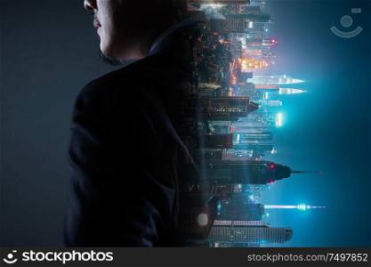 Abstract double exposure image of businessman mix with flip night creative city background . Always stay connected concept .
