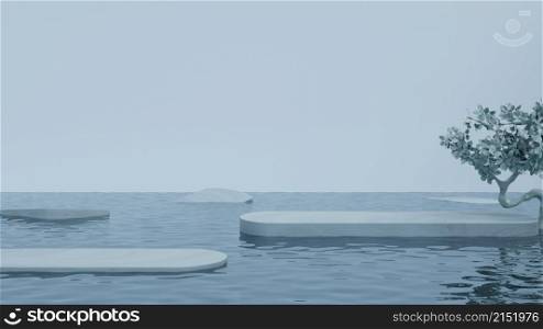 Abstract empty mock up product display platform floating on the water surface with Japanese bonsai tree and sunk platform for product presentation 3D rendering illustration