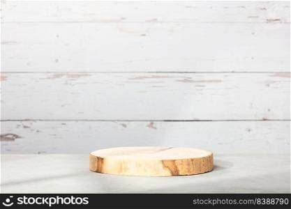 Abstract empty podium of cylinder shape on natural wood background for product. 3D Rendering. Minimal concept. Pedestal for cosmetic product and packaging mockups display presentation