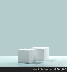 Abstract empty white cubes podiums with eucalyptus leaves and shadows on blue background. Mock up stand for product presentation. 3D Render. Minimal concept. Advertising template, copy space