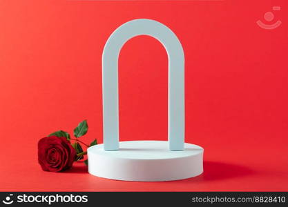 Abstract empty white podium, arch, hearts and rose flowers on red background. Mock up stand for product presentation. 3D Render. St valentines day promotion concept.