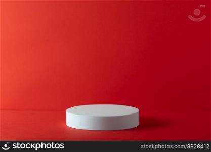 Abstract empty white podium on red background. Mock up stand for product presentation. 3D Render. Minimal concept. Advertising template. St Valentines sale