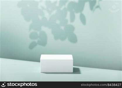 Abstract empty white podium with eucalyptus leaves and shadows on blue background. Mock up stand for product presentation. 3D Render. Minimal concept. Advertising template