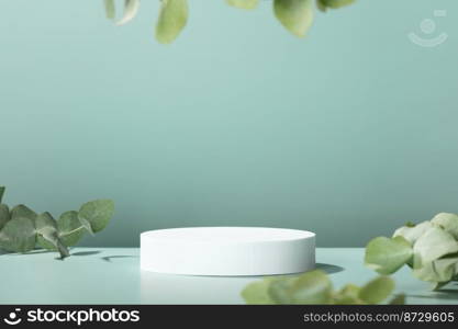 Abstract empty white podium with eucalyptus leaves and shadows on blue background. Mock up stand for product presentation. 3D Render. Minimal concept. Advertising template