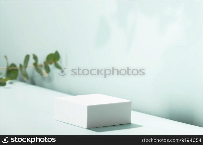 Abstract empty white podium with eucalyptus leaves and shadows on blue background. Mock up stand for product presentation. 3D Render. Minimal concept. Advertising template