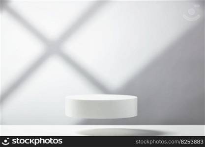 Abstract empty white podium with geometric shadows on blue background. Mock up stand for product presentation. 3D Render. Minimal concept. Advertising template