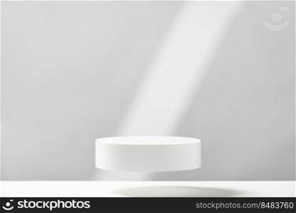 Abstract empty white podium with geometric shadows on blue background. Mock up stand for product presentation. 3D Render. Minimal concept. Advertising template