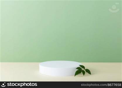 Abstract empty white podium with green leaves on green background. Mock up stand for product presentation. 3D Render. Minimal concept. Advertising template