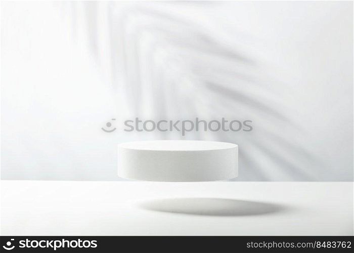 Abstract empty white podium with leaf shadows on white background. Mock up stand for product presentation. 3D Render. Minimal concept. Advertising template