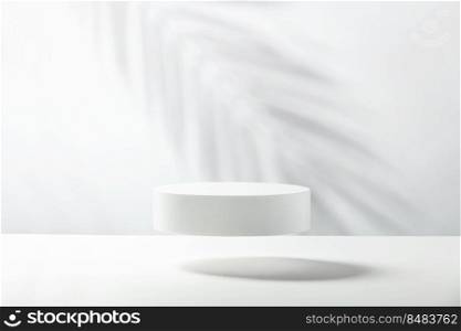 Abstract empty white podium with leaf shadows on white background. Mock up stand for product presentation. 3D Render. Minimal concept. Advertising template