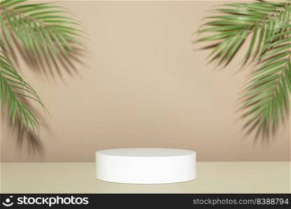 Abstract empty white podium with palm leaves on beige background. Mock up stand for product presentation. 3D Render. Minimal concept. Advertising template