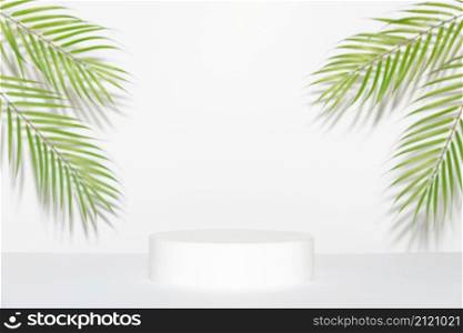 Abstract empty white podium with palm leaves on grey background. Mock up stand for product presentation. 3D Render. Minimal concept. Advertising template