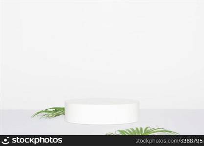 Abstract empty white podium with palm leaves on grey background. Mock up stand for product presentation. 3D Render. Minimal concept. Advertising template
