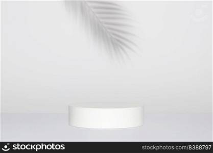 Abstract empty white podium with shadows of tropical leaves on grey background. Mock up stand for product presentation. 3D Render. Minimal concept. Advertising template