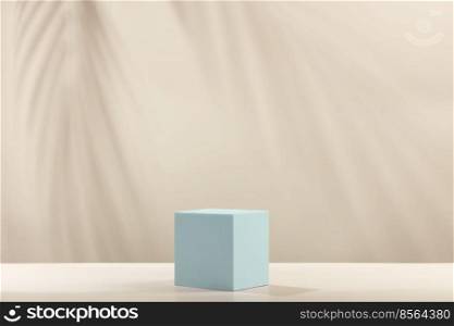 Abstract empty white podium with shadows on beige background. Mock up stand for product presentation. 3D Render. Minimal concept. Advertising template