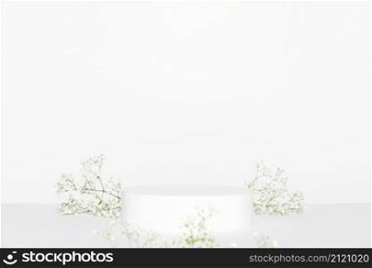 Abstract empty white podium with white flowers on grey background. Mock up stand for product presentation. 3D Render. Minimal concept. Advertising template