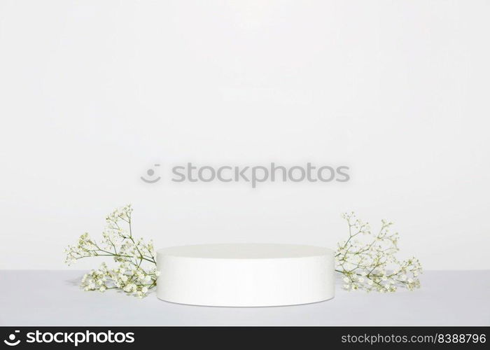 Abstract empty white podium with white flowers on grey background. Mock up stand for product presentation. 3D Render. Minimal concept. Advertising template