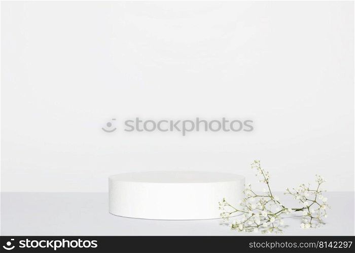 Abstract empty white podium with white gypsophila flowers on grey background. Mock up stand for product presentation. 3D Render. Minimal concept. Advertising template