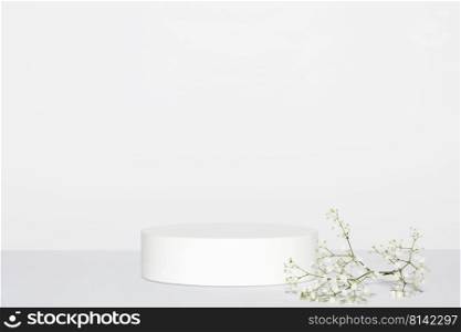Abstract empty white podium with white gypsophila flowers on grey background. Mock up stand for product presentation. 3D Render. Minimal concept. Advertising template