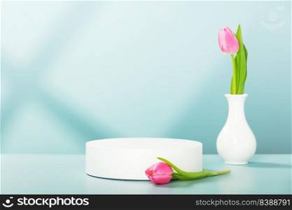 Abstract empty white podium with window shadows and beautiful pink tulip flowers on blue background. Mock up stand for cosmetic product presentation. 3D Render. Minimal concept. Advertising template
