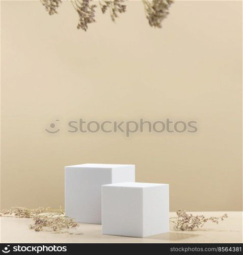 Abstract empty white podiums with dry flowers and shadows on beige background. Mock up stand for product presentation. 3D Render. Minimal concept. Advertising template