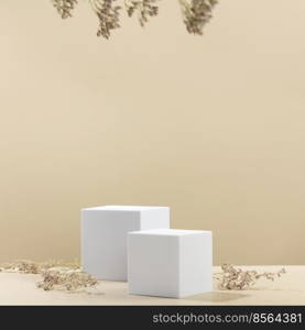 Abstract empty white podiums with dry flowers and shadows on beige background. Mock up stand for product presentation. 3D Render. Minimal concept. Advertising template