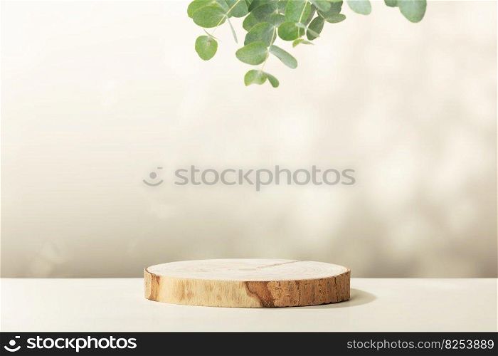 Abstract empty Wood slice podium with eucalyptus leaves and shadows on beige background. Mock up stand for product presentation. 3D Render. Minimal concept. Advertising template