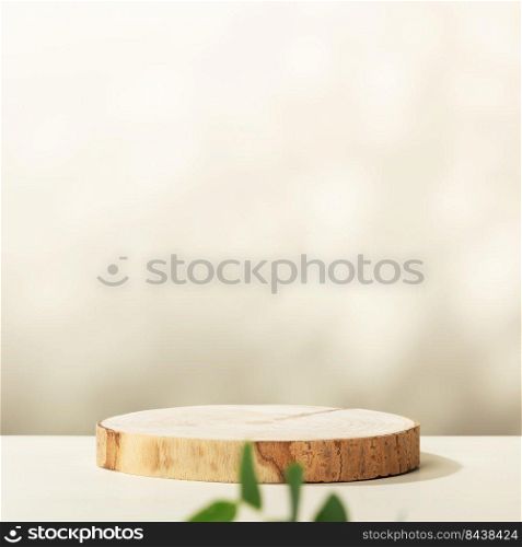 Abstract empty Wood slice podium with eucalyptus leaves and shadows on beige background. Mock up stand for product presentation. 3D Render. Minimal concept. Advertising template