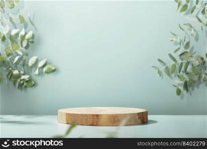 Abstract empty Wood slice podium with eucalyptus leaves and shadows on blue background. Mock up stand for product presentation. 3D Render. Minimal concept. Advertising template
