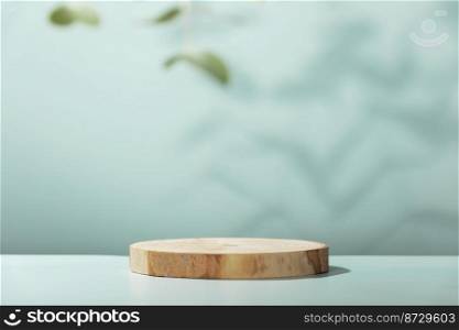 Abstract empty Wood slice podium with eucalyptus leaves and shadows on blue background. Mock up stand for product presentation. 3D Render. Minimal concept. Advertising template